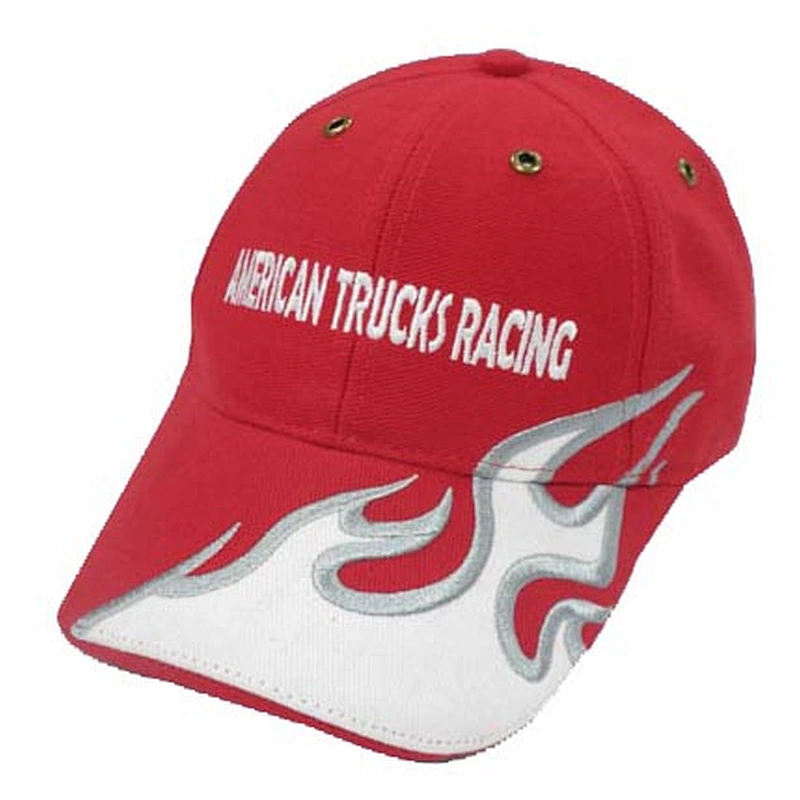 6 panel racing checked design cap with flat embroidery and printing
