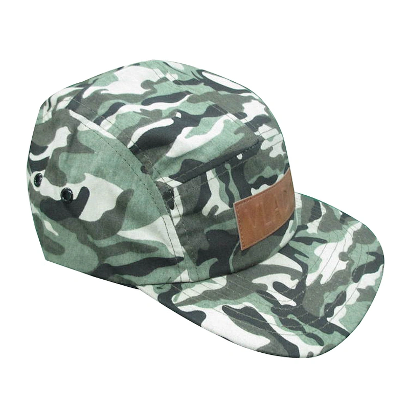camo 5 panel camp hat with leather patch