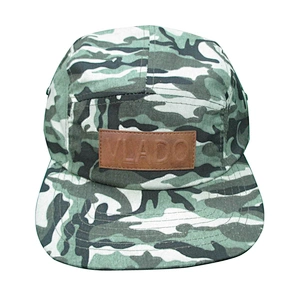 camo 5 panel camp hat with leather patch