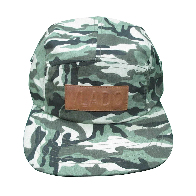 camo 5 panel camp hat with leather patch