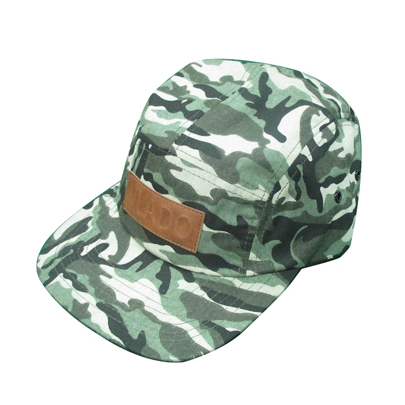 camo 5 panel camp hat with leather patch