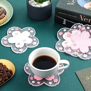 Sakura PVC Coaster Cherry Blossom Cup Coaster Anti-Skid Insulation Coaster for Beer, Coffee, Tableware Tea (4, 4.5 Inch)