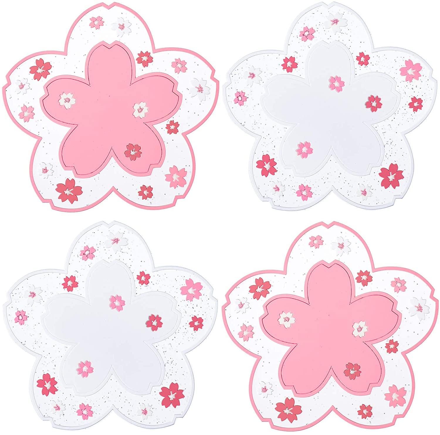 Sakura PVC Coaster Cherry Blossom Cup Coaster Anti-Skid Insulation Coaster for Beer, Coffee, Tableware Tea (4, 4.5 Inch)