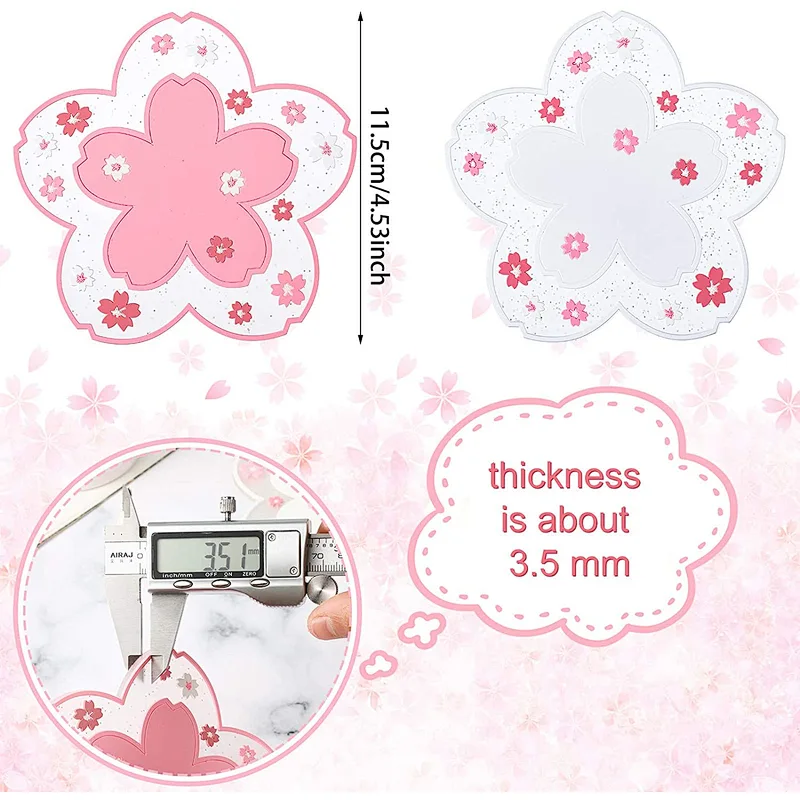 Sakura PVC Coaster Cherry Blossom Cup Coaster Anti-Skid Insulation Coaster for Beer, Coffee, Tableware Tea (4, 4.5 Inch)