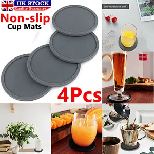 4pc Set Round Grey Silicone Coasters Non-slip Cup Mats Pad Drinks Table Glasses