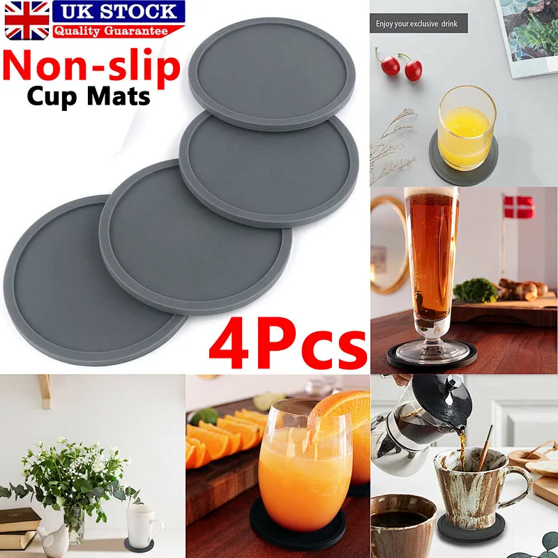 4pc Set Round Grey Silicone Coasters Non-slip Cup Mats Pad Drinks Table Glasses