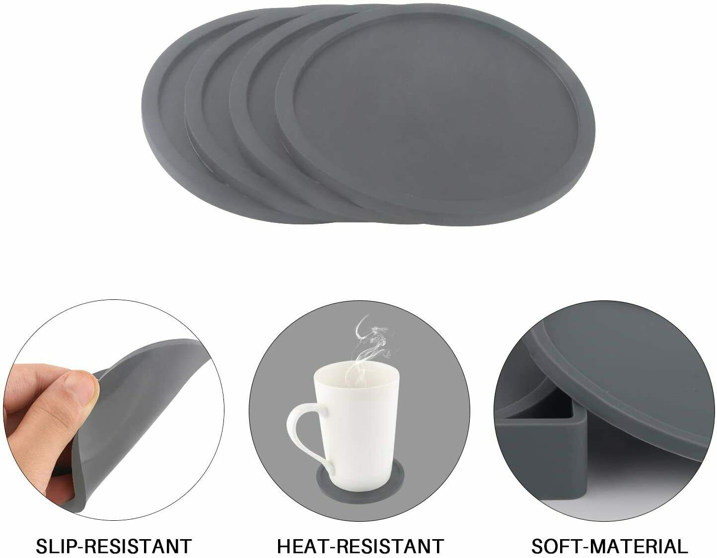 4pc Set Round Grey Silicone Coasters Non-slip Cup Mats Pad Drinks Table Glasses