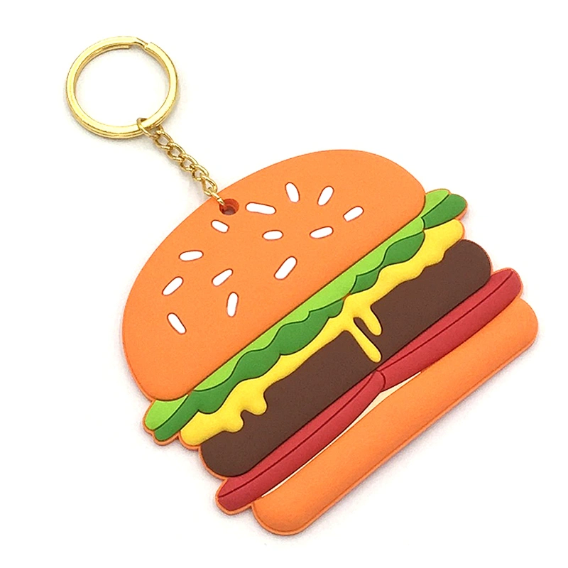 Manufacture custom shaped maker soft pvc rubber cute burger key chain mini food keychain