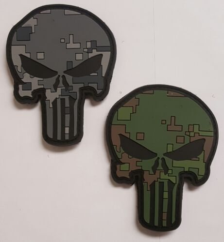 Punisher Skull Green & Gray Digital Camo Pattern PVC Hook Back Patch