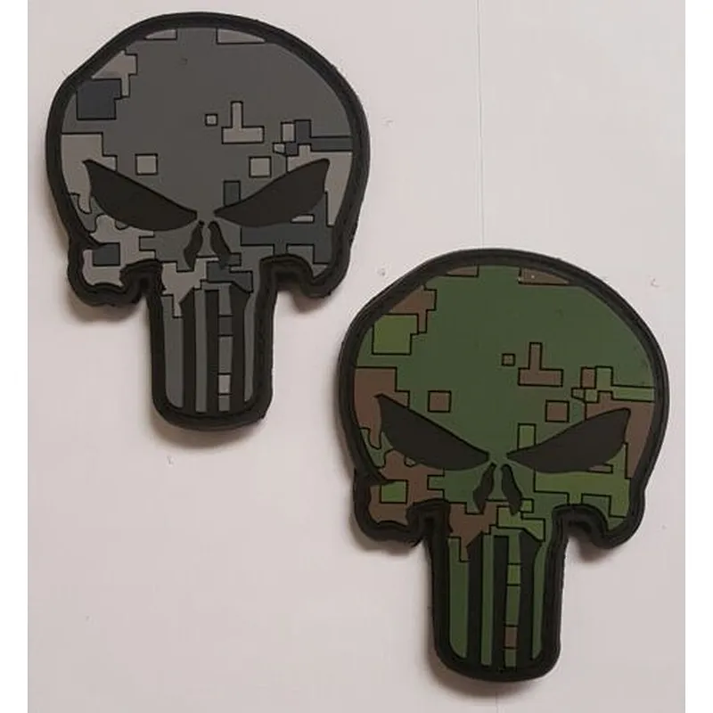 Punisher Skull Green & Gray Digital Camo Pattern PVC Hook Back Patch