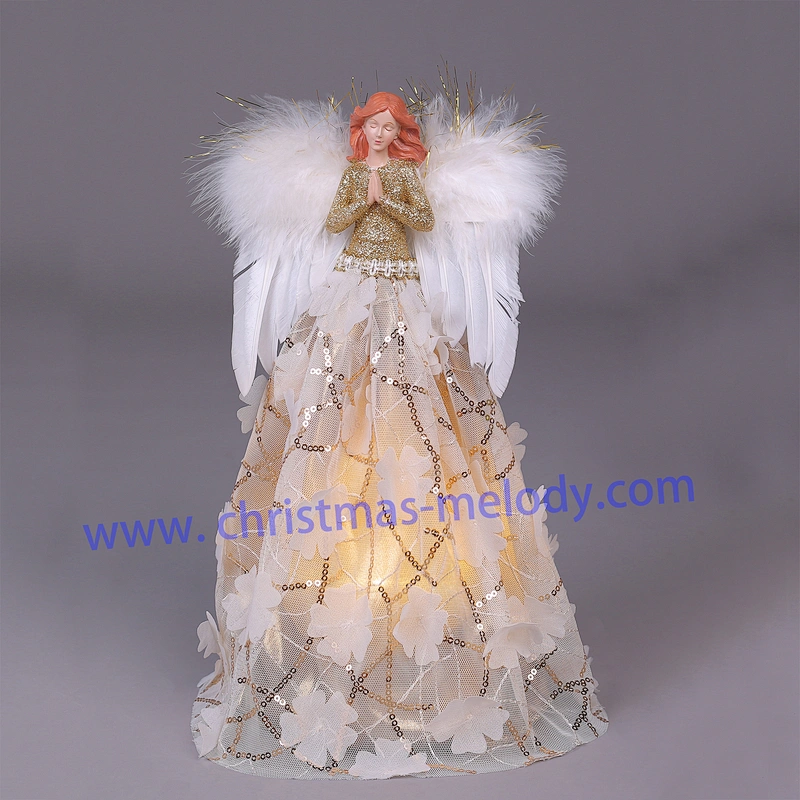30cm Gold and White Lighted Angel Christmas Tree Topper-Clesr Light