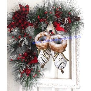 COUNTRY CHRISTMAS ICE SKATES HAND CARVED FRAME DOOR WREATH HANGER RED PLAID UNIK 20*20cm