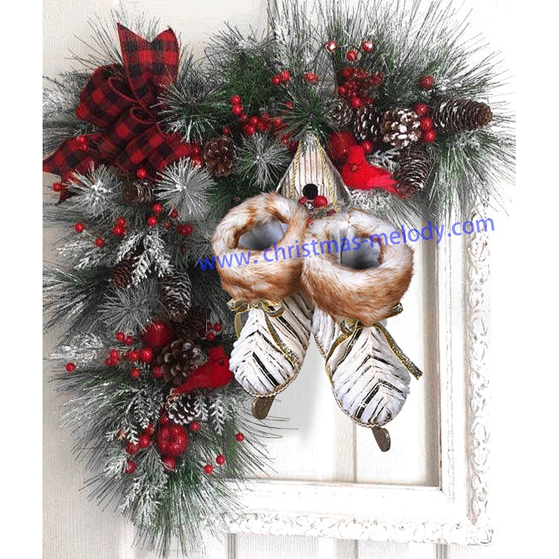 COUNTRY CHRISTMAS ICE SKATES HAND CARVED FRAME DOOR WREATH HANGER RED PLAID UNIK 20*20cm