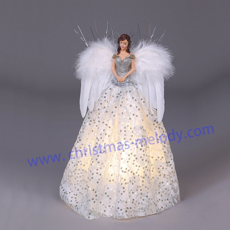 12 Inch-Silvery and Light White Lighted Angel Christmas Tree Topper-Clesr Light