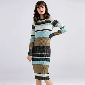 Factory Wholesale Ladies long sleeve Long slim stripe sweater dress