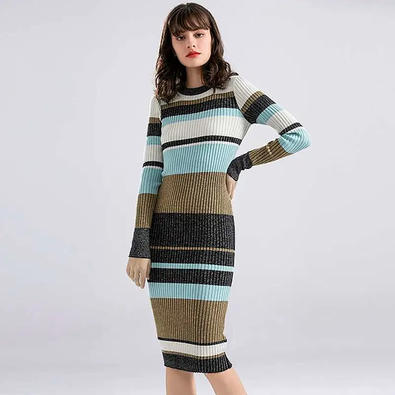 Factory Wholesale Ladies long sleeve Long slim stripe sweater dress