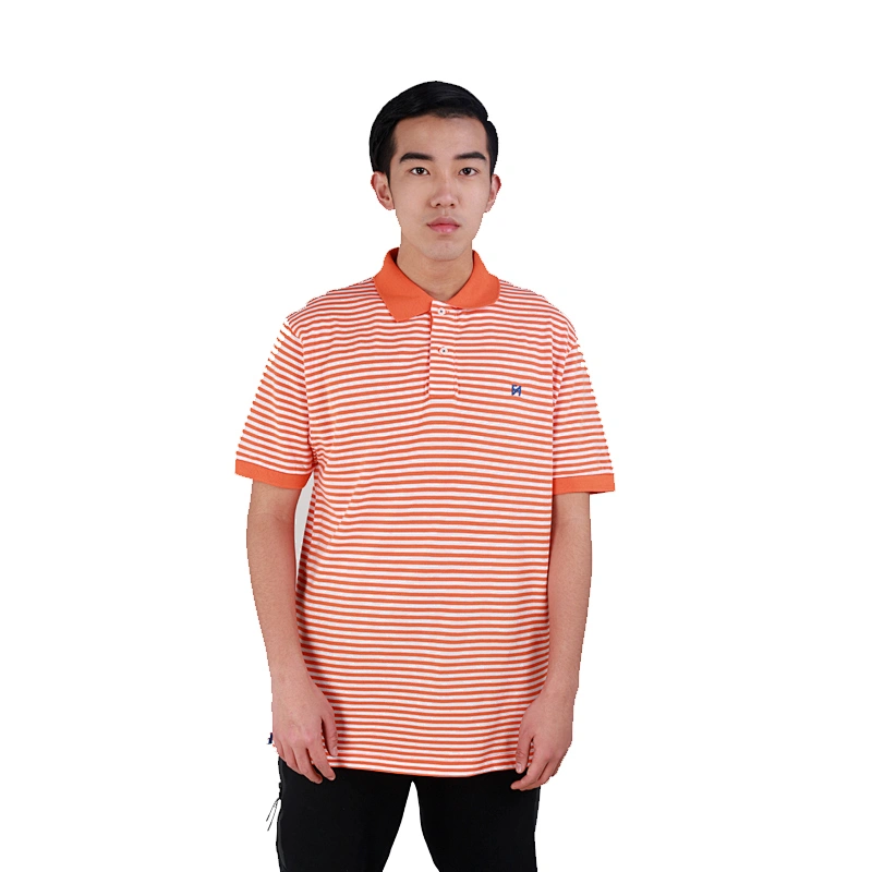 Orange and white stripe color men's polo shirt with ribbed collar sleeves