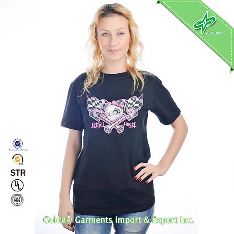 Crew Neck Black T Shirt Women Customized With Silk Printed Logo