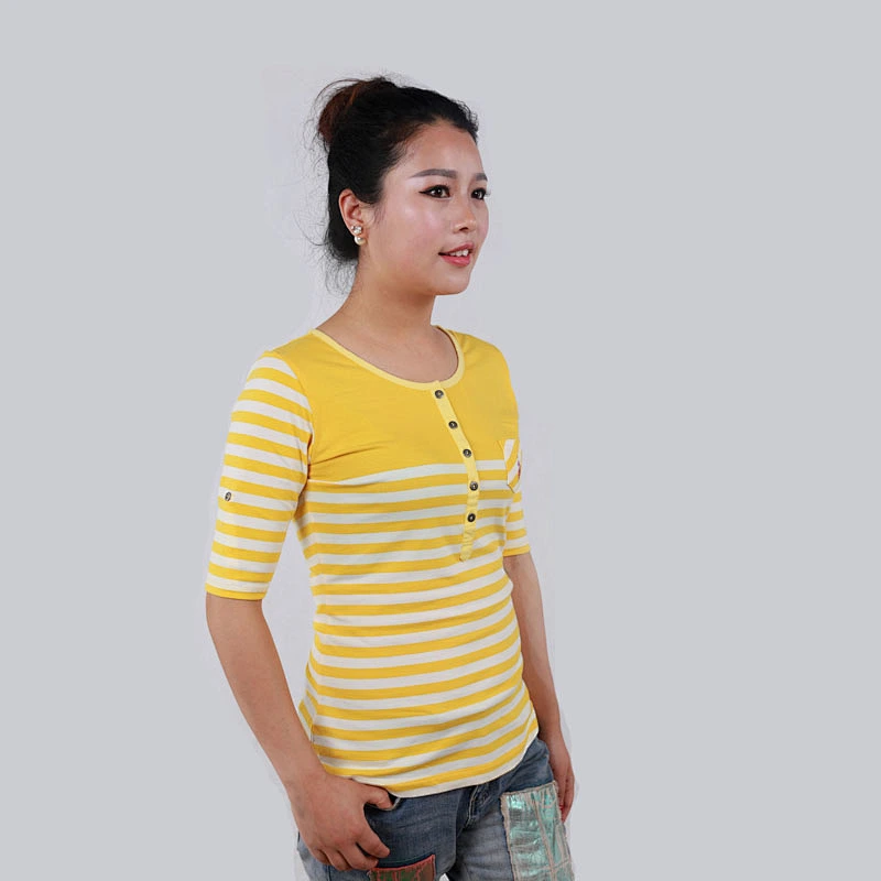 1/2 sleeves half front button style yellow white stripes ladies top shirts
