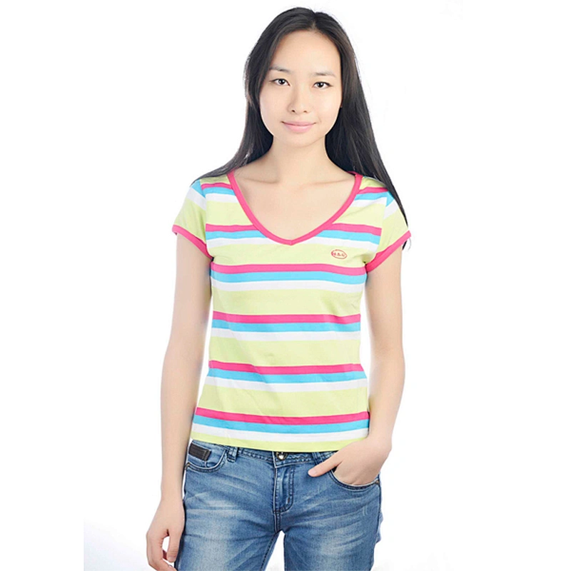 2014 New Design High Quality Short Sleeve Women O-Neck Strip T-shirt