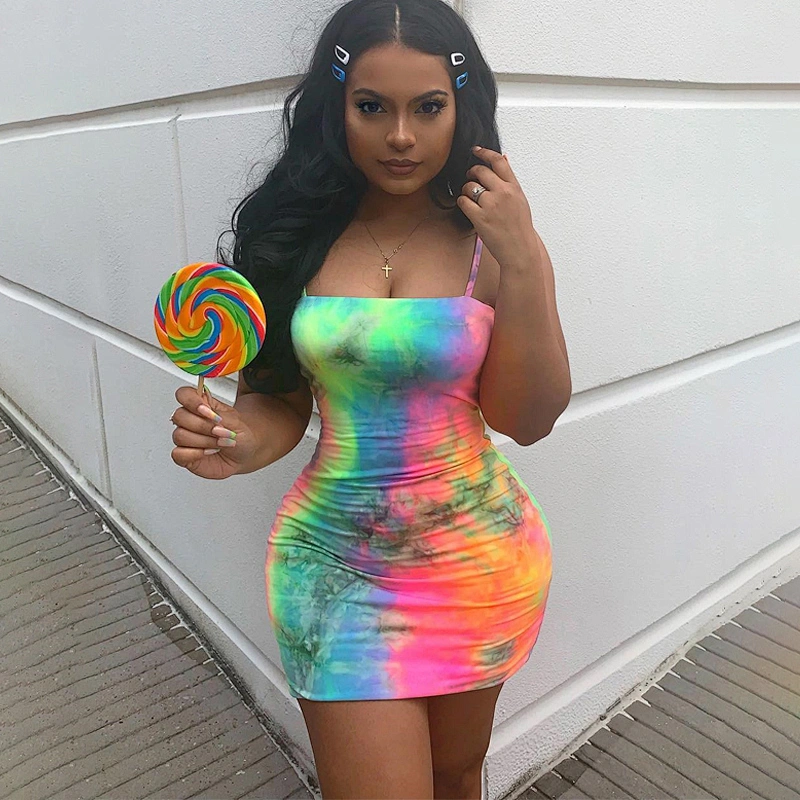 Trendy Fashion Sleeveless Strap Girl Casual Bodycon Clothing Mini Tie Dye Summer Dresses Women