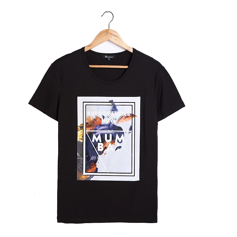 Mens front screen printing rubber printing short sleeves black cotton T shirts OEM tshirts
