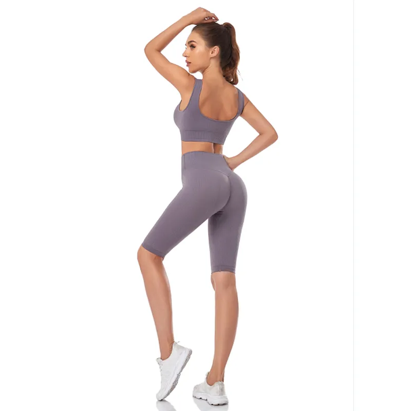 Private label workout sets sports bra leggings nylon spandex ribbed seamless yoga set