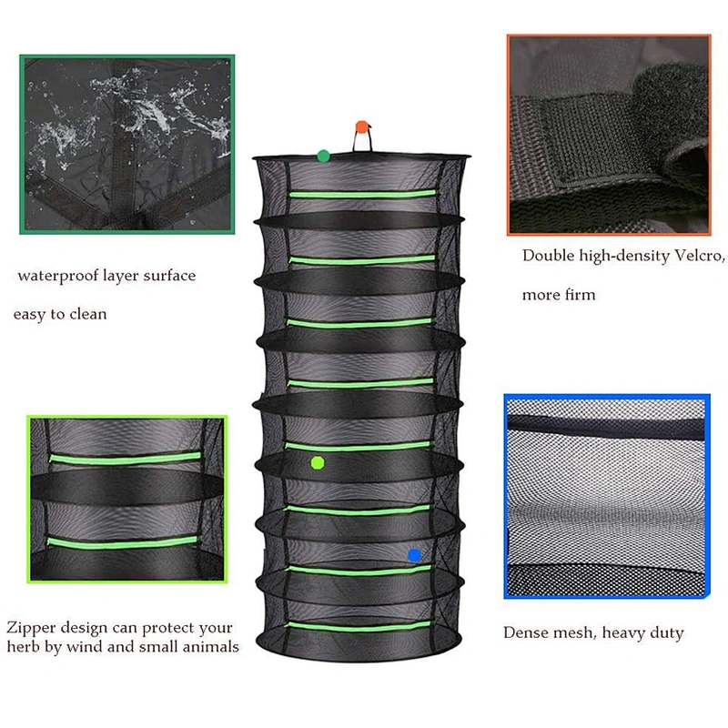 Garden Indoor 2ft Zipper Velcro Plant Drying Rack Net W/Green Hanging Mesh Dry Net 8 Layer Herb Drying Rack