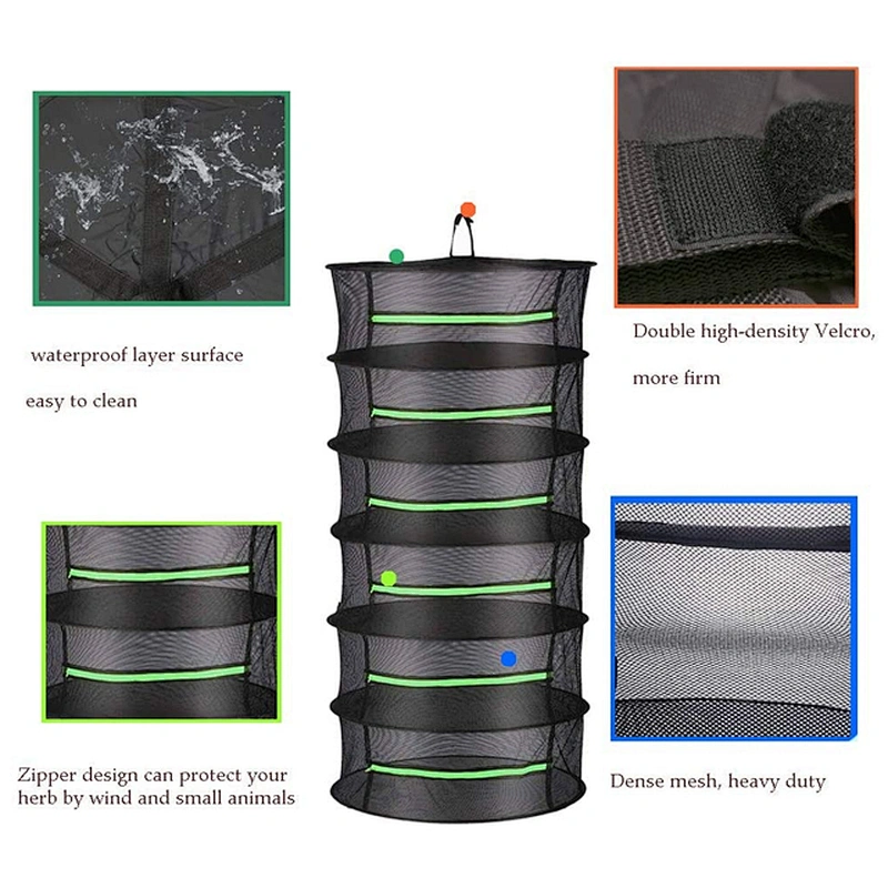 High Quality 4 layer 6 Layer 8 Layer Green Zipper Black Mesh Hanging Drying Net Herb Drying  Rack Net
