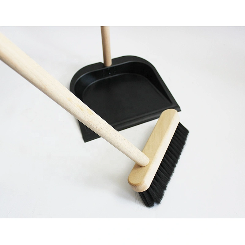 cleaning  metal dustpan with broom