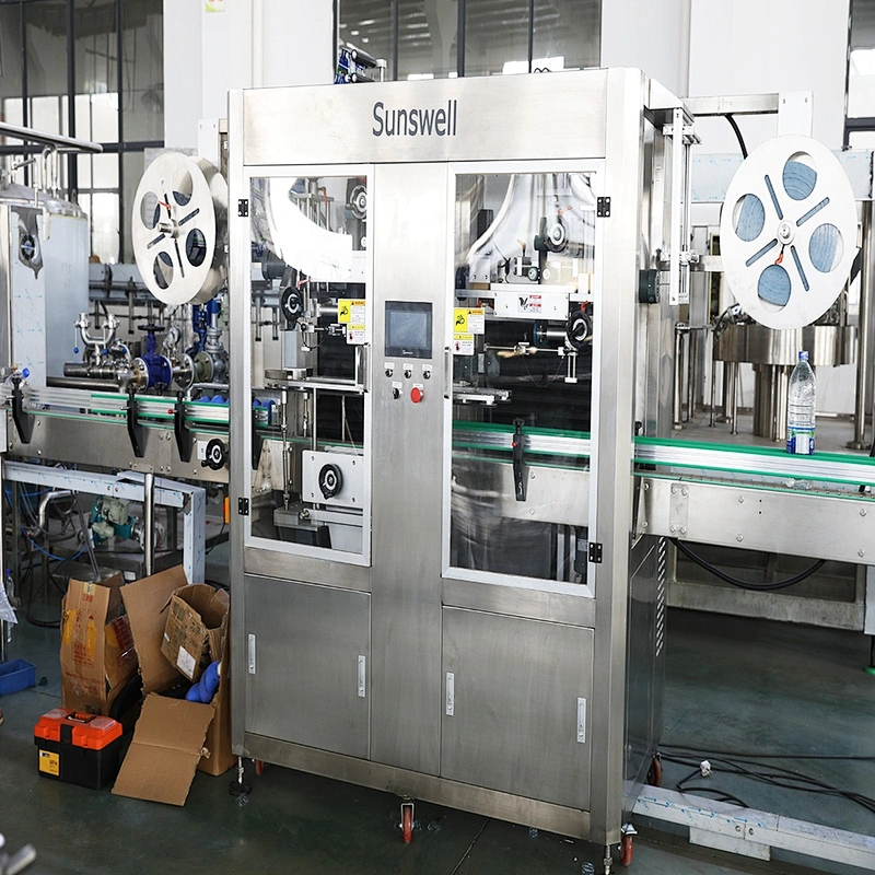e liquid packaging Double Heads Automatic Pet Glass Bottle Can Shrink Sleeve Labeling Machine Sleeve Labeler with Steam Tunnel bottling equipment prices