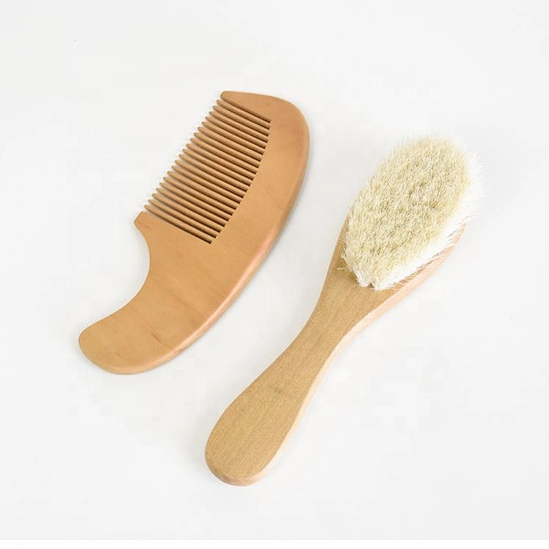 White paper box gift 2pcs pack child care brush comb set natural wooden soft goat bristle baby hair brush