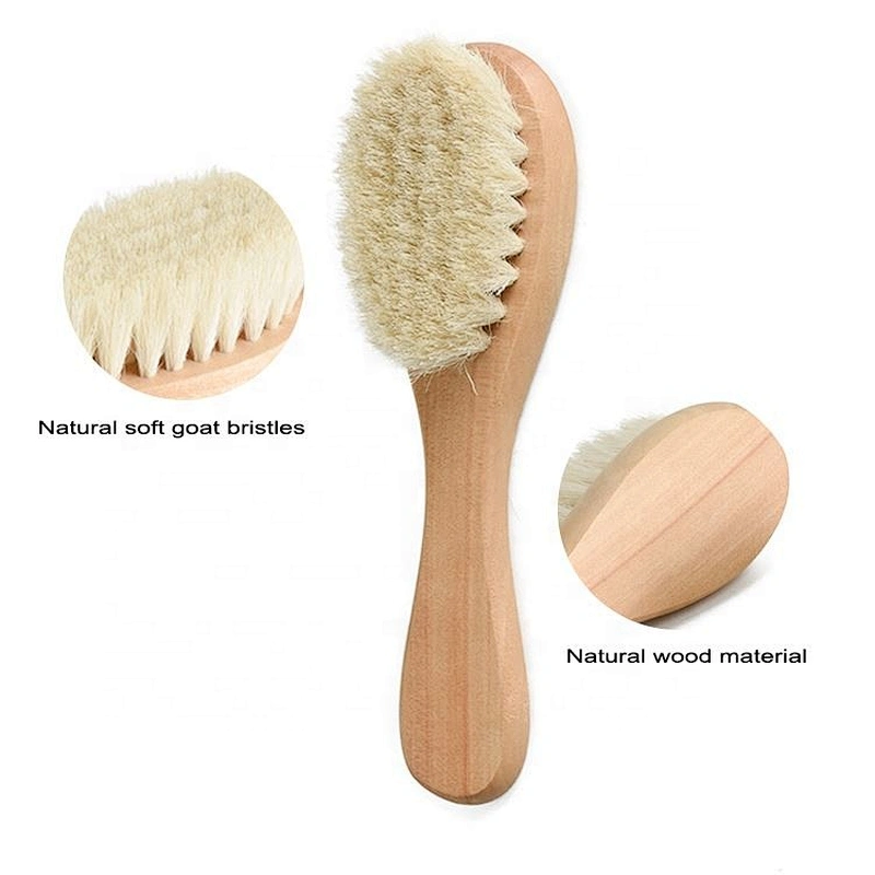 Comfortable soft popular small pure natural set of 2 mini goat bristle wooden baby hair brush set
