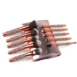 Make Your Own Brand Rose Golden Glitter Up Brushes 10Pcs Shiny Crystal Diamond Makeup Brush Set With Pu Bag