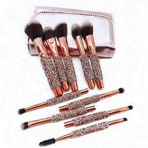 Make Your Own Brand Rose Golden Glitter Up Brushes 10Pcs Shiny Crystal Diamond Makeup Brush Set With Pu Bag