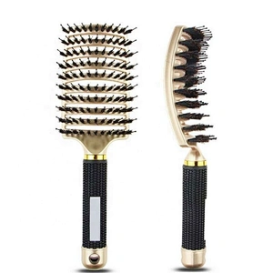 Salon Professional Wig Hard Vented Massage Curved Curly Plastic Gold Boar Bristle Hair Brush Detangle For Men Styling