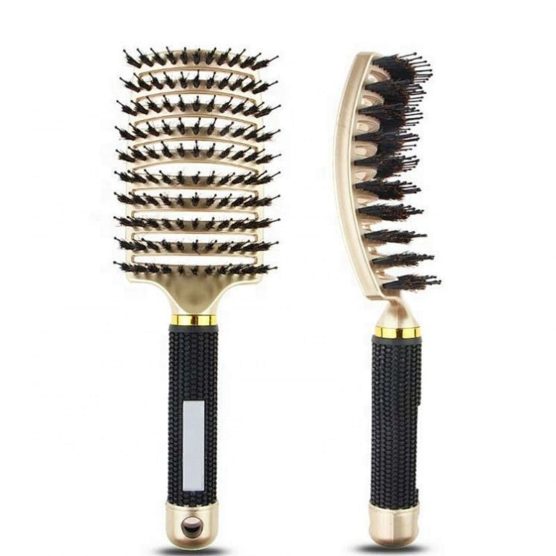 Salon Professional Wig Hard Vented Massage Curved Curly Plastic Gold Boar Bristle Hair Brush Detangle For Men Styling