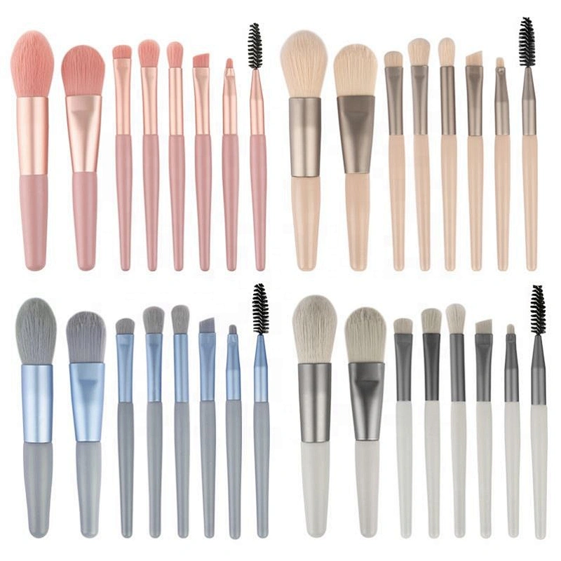 Factory Wholesale 8Pcs Wooden Makeup Brush Cosmetic Make Up Brushes Pink Blue Grey Yellow Matte Wood Handle Set