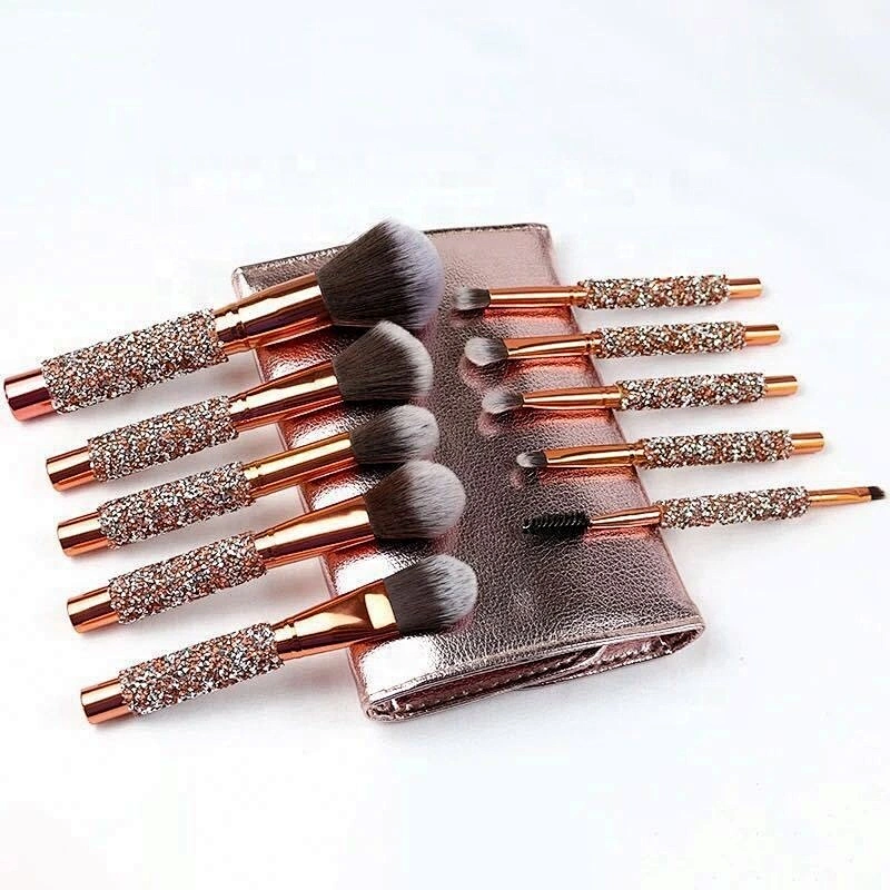 Make Your Own Label Rose Golden Glitter Makeup Brushes 10Pcs Shiny Crystal Diamond Foundation Brush Set With PU Bag