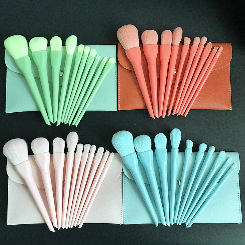 10Pcs Cute Candy Makeup Brush Set With Pu Bag Synthetic Hair Brushes Plastic Handle Kids