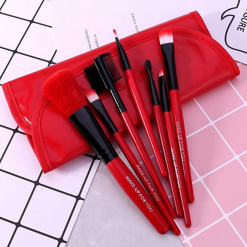 No Logo Red 7Pcs Makeup Brush Set With Cosmetics Bag