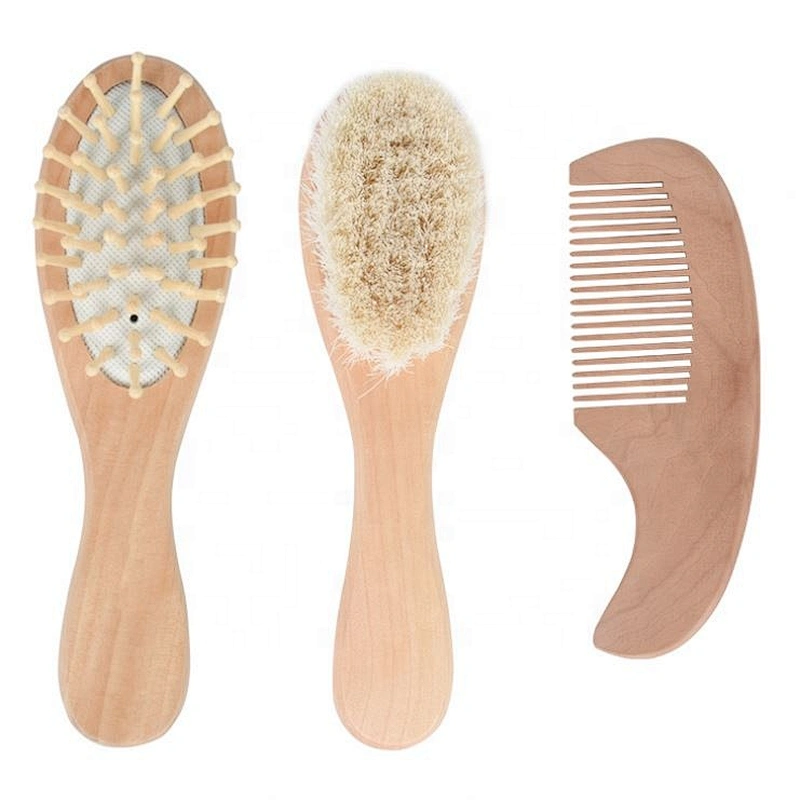 Custom natural baby hair brush set nylon wooden pins wooden baby hairbrush set