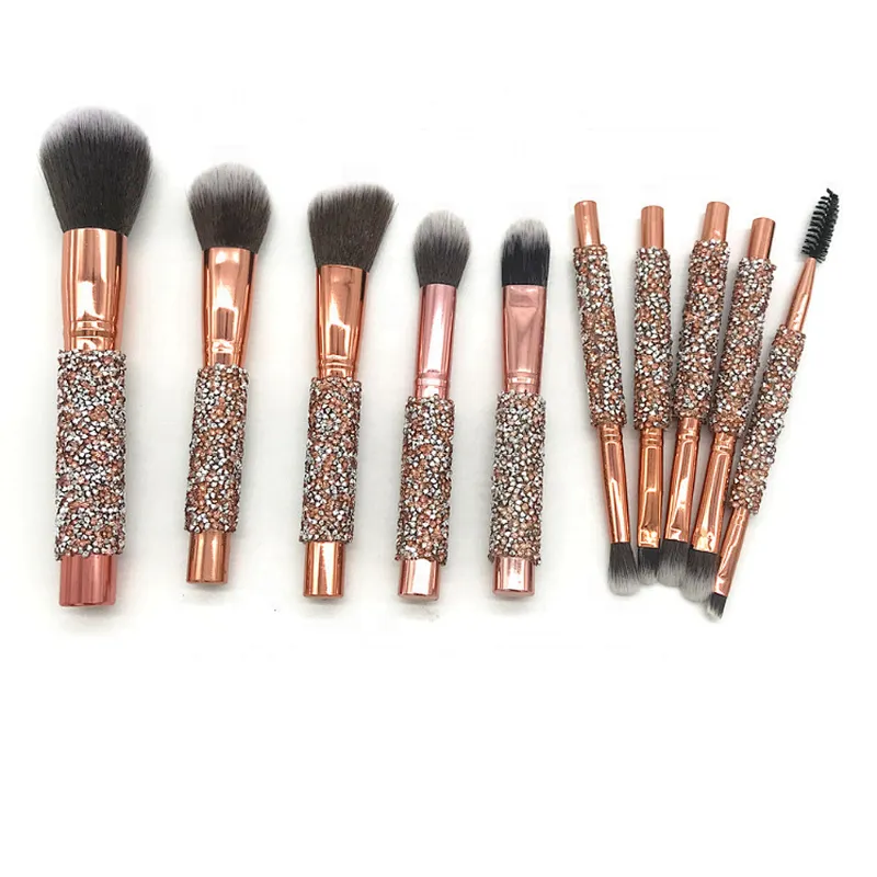 Bling Crystal Handle Diamond Makeup Brushes 10Pcs Glitter Make-Up Brush Set Cute
