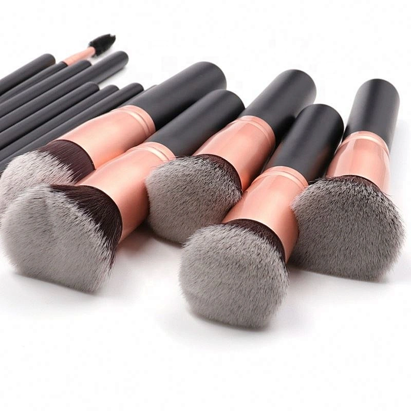 Amazon Hot 14pcs Makeup Private Label Black Foundation Fan Brush Eye Shadow Shaving Brush Flat Brush Face Wood