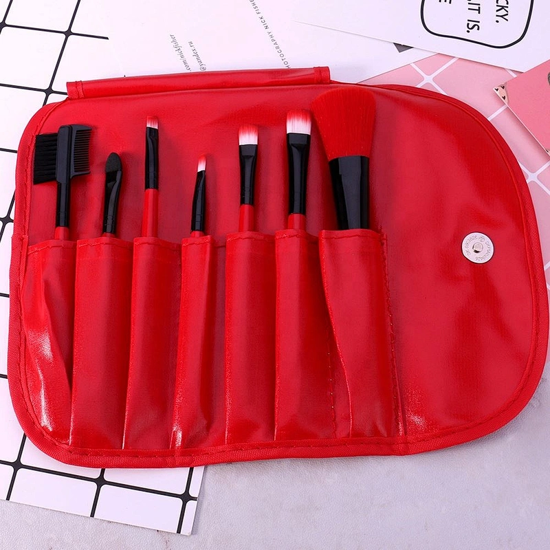 No Logo Red 7Pcs Makeup Brush Set With Cosmetics Bag