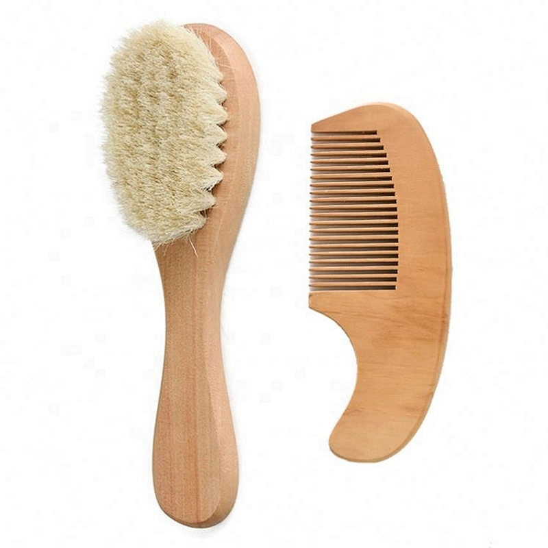 0-5 Years Old Kids Care Brush Wooden Baby Brush Set Mini Soft Goat Bristles Ecofriend Natural Round Vent Paddle Compact Cushion