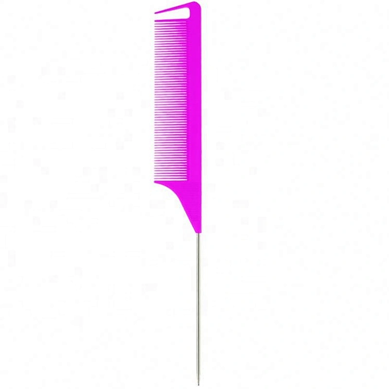 Professional plastic hair styling tool pink heat resistant precision parting metal rat tail comb