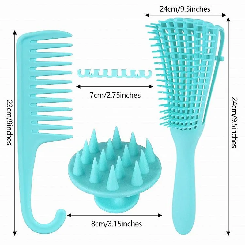 3Pcs Adjustable Bristles Detangling Hair Brush And Silicone Scalp Massage Tangle Free Wide Tooth Comb Set