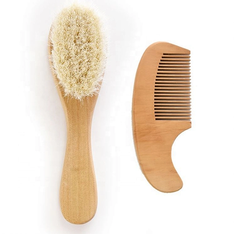 Child care eco friendly soft goat bristles natural wooden baby hair brush and comb set