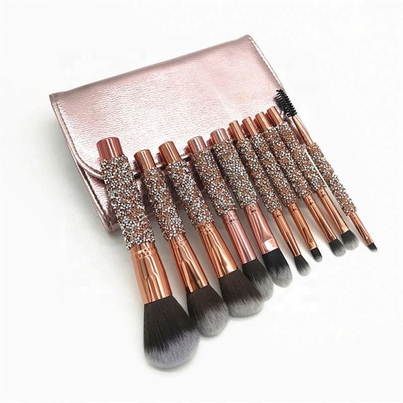 Make Your Own Label Rose Golden Glitter Makeup Brushes 10Pcs Shiny Crystal Diamond Foundation Brush Set With PU Bag